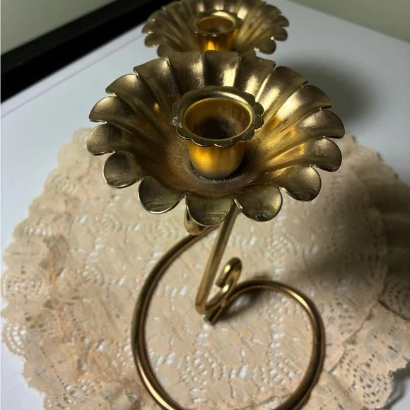 Vintage Metal Candlestick Holder Double Gold Tone Floral Tapered - Picture 4 of 5